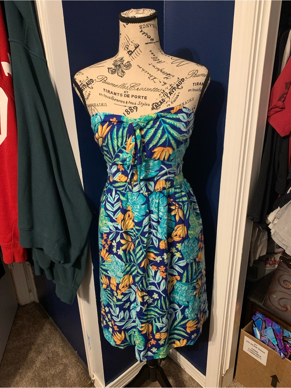 ModCloth Strapless Navy Dress with Teal & Yellow Tropical Print